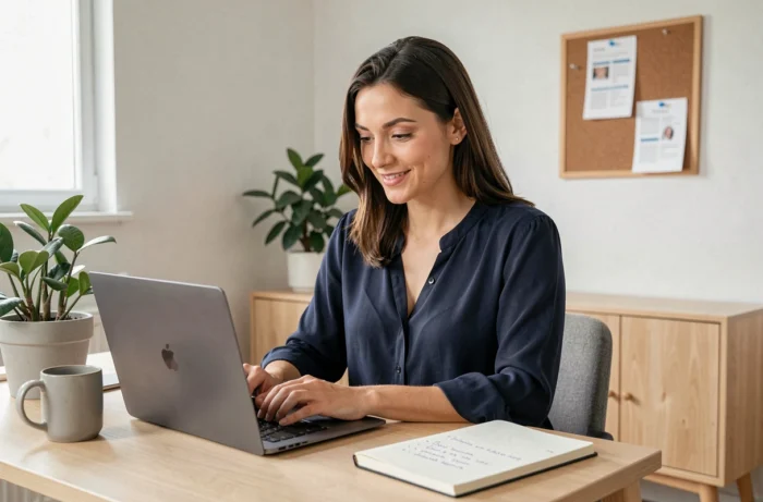 Femme dans la trentaine cherchant un emploi sur une plateforme en ligne depuis son bureau à domicile