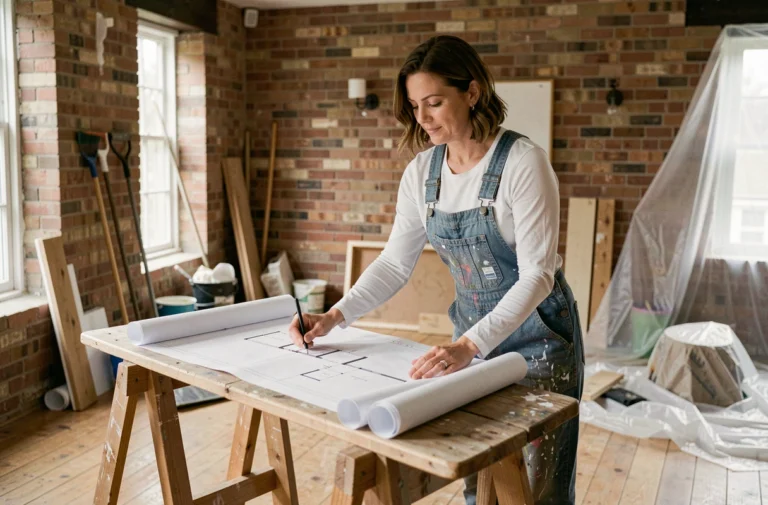 Femme consultant des plans de rénovation dans un salon en travaux avec murs en brique apparente