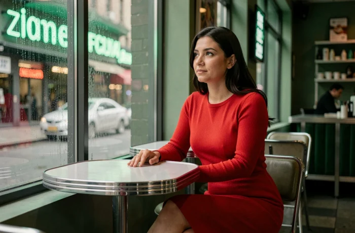 Femme en robe rouge assise dans un café rétro avec reflets verts évoquant l'atmosphère de Matrix