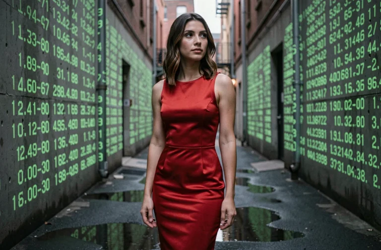 Femme en robe rouge dans un couloir numérique vert inspiré de l'univers Matrix