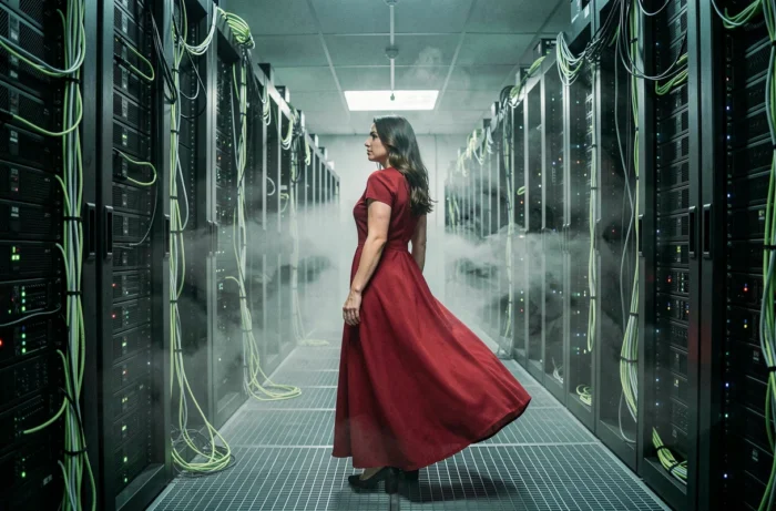 Femme en robe rouge face à une salle de serveurs évoquant la simulation numérique de Matrix