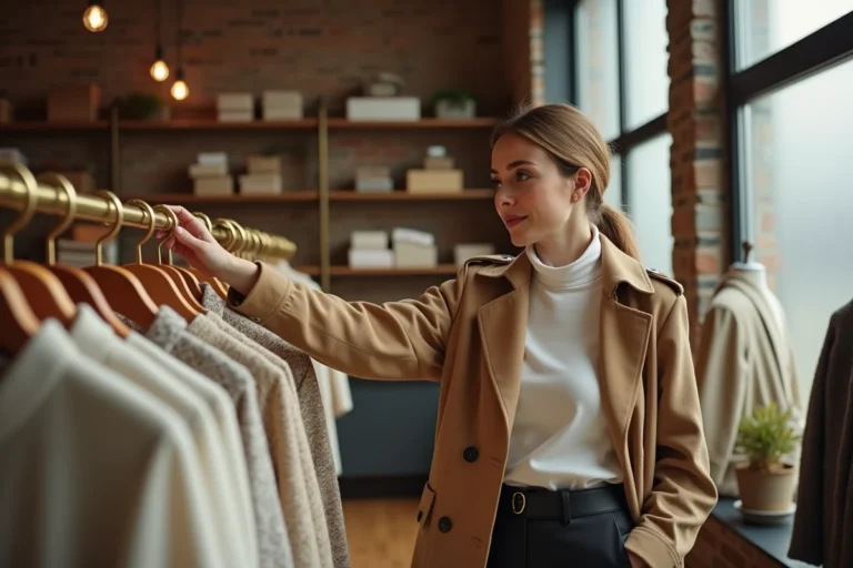 Femme élégante en manteau camel faisant du shopping dans une boutique tendance aux murs en brique