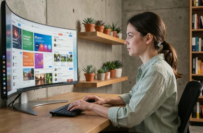 Femme professionnelle consultant les tendances web 2024 sur un écran ultrawide dans un bureau moderne