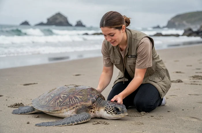Femme bénévole tenant une tortue de mer sauvée sur une plage, moment touchant de protection animale