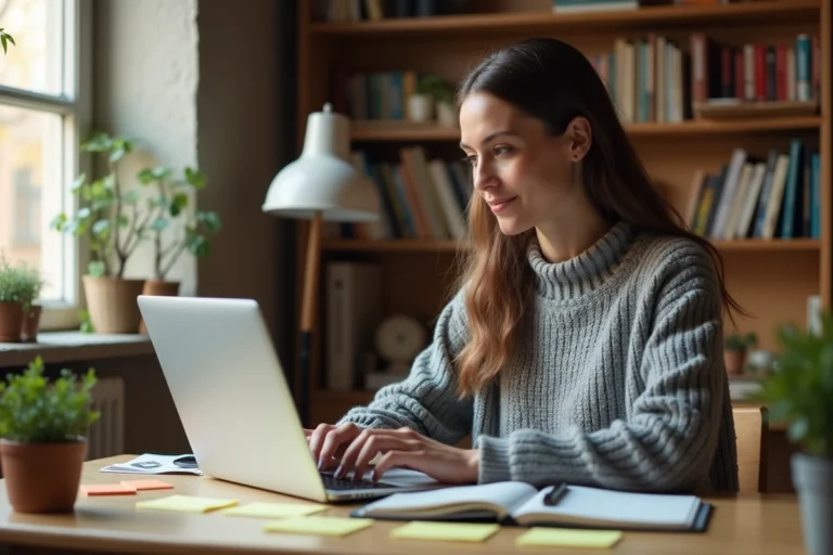 Femme concentrée travaillant sur un ordinateur portable dans un bureau à domicile entouré de notes et livres