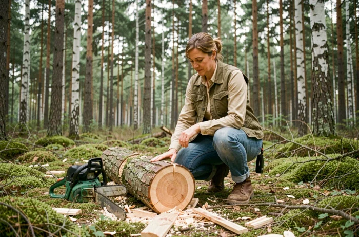 Femme examinant une coupe nette sur un tronc après utilisation de la tronçonneuse sans fil Black+Decker en forêt
