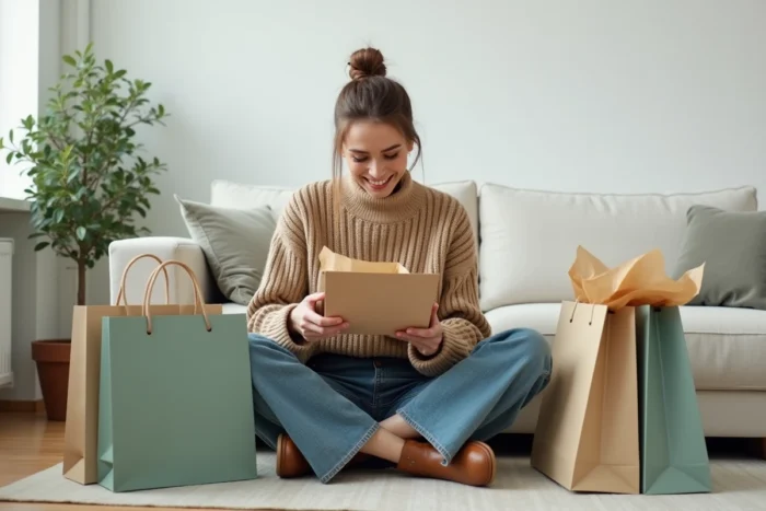 Jeune femme déballant ses achats de mode dans un appartement scandinave minimaliste