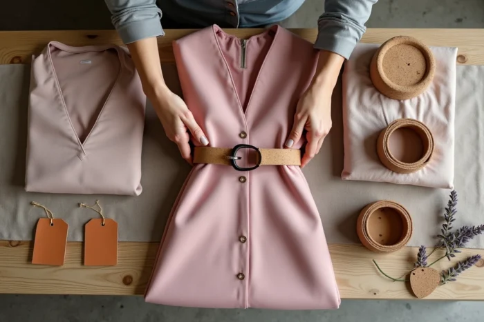 Flat lay de vêtements et accessoires durables en Tencel, liège et cuir naturel sur une table en chêne recyclé, esthétique mode éthique