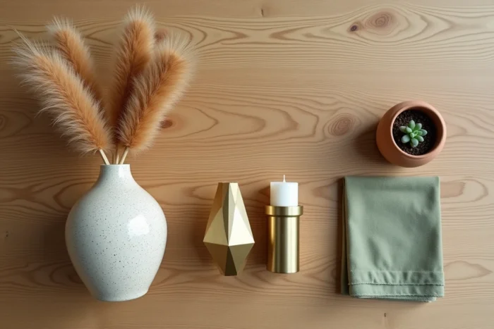 Flat lay décoratif sur bois de chêne avec vase en grès, bougeoir en laiton géométrique et petite plante succulente en pot argile