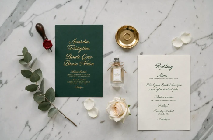 Flat lay de mariage avec faire-part en vert et or, rose ivoire et accessoires élégants sur marbre blanc