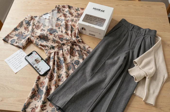 Flat-lay de vêtements Noracora avec emballage et notes d'évaluation après utilisation