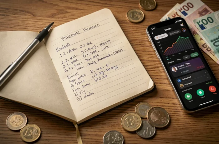 Vue aérienne d'un bureau avec carnet de budget, smartphone et billets pour illustrer la gestion de finances personnelles