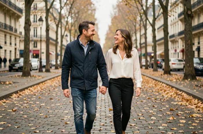 Couple complice se promenant sur un boulevard parisien en automne, ambiance familiale et naturelle
