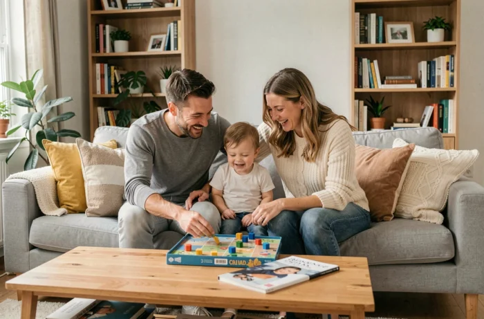 Moment familial authentique en intérieur, couple avec enfant dans un salon moderne et chaleureux