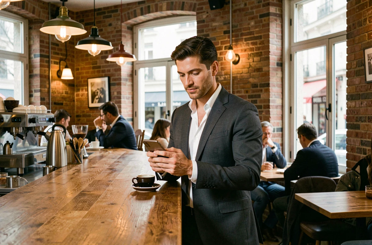 Homme d'affaires consultant l'actualité économique sur son smartphone dans un café parisien contemporain