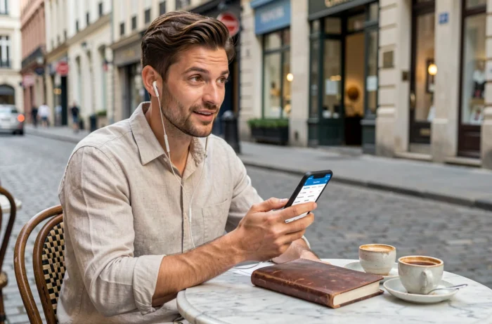 Homme comparant des vols sur une application mobile de voyage en terrasse de café