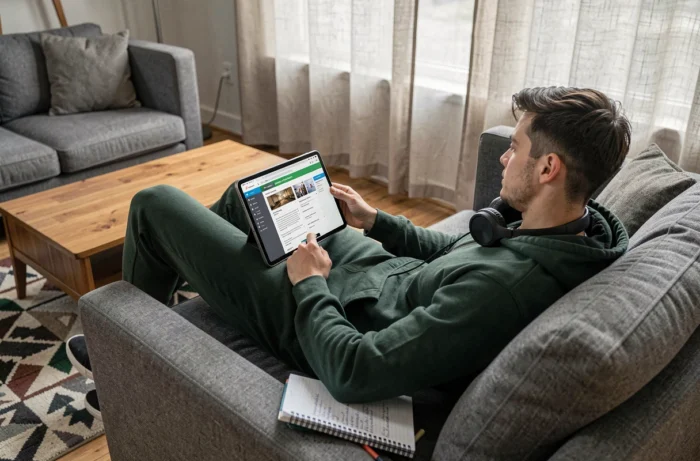 Jeune homme apprenant en ligne via une tablette numérique confortablement installé dans son appartement moderne
