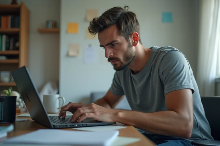Homme inquiet face à un avertissement légal sur son ordinateur portable concernant le téléchargement illégal et Hadopi