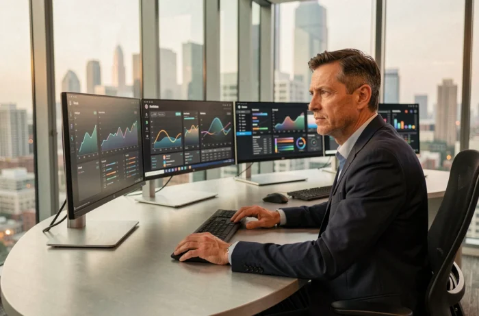 Homme en blazer marine travaillant sur plusieurs écrans intelligents dans un bureau high-tech avec vue sur la ville