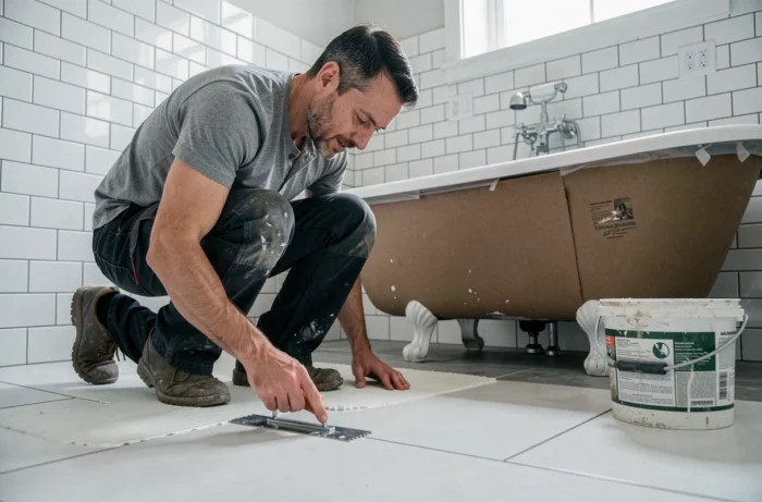 Homme posant des carrelages dans une salle de bain en cours de rénovation avec baignoire sur pieds