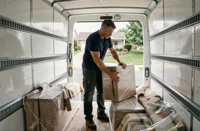 Homme chargeant soigneusement des meubles emballés dans un camion de déménagement devant une maison