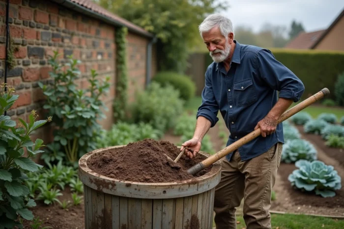 Homme retournant le compost dans un bac en bois au milieu d'un jardin potager en automne avec des légumes en arrière-plan