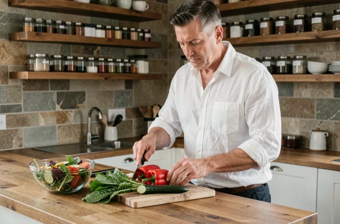 Homme préparant une salade de légumes frais dans une cuisine moderne en bois et pierre