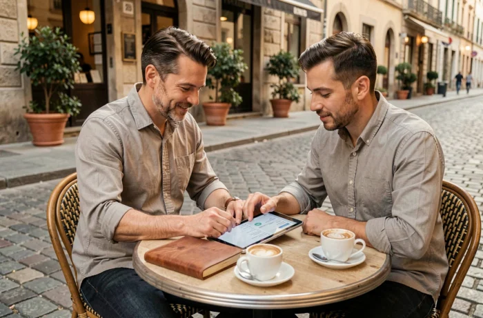 Homme en déplacement gérant ses devis clients sur tablette en terrasse de café dans une rue européenne