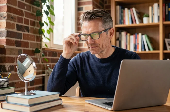 Homme essayant des lunettes sans ordonnance dans un bureau à domicile