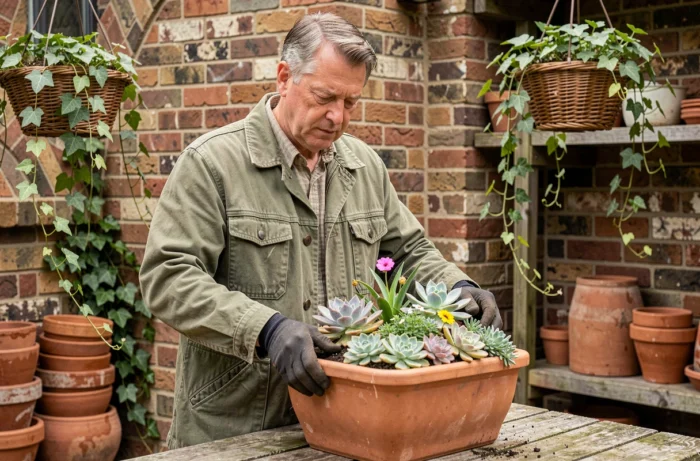 Homme jardinier arrangeant des succulentes et des fleurs saisonnières dans un grand pot en terre cuite sur un patio de jardin en briques