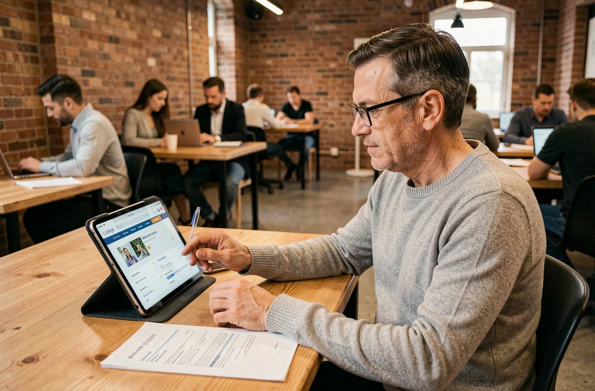 Homme utilisant une tablette pour consulter des offres d'emploi dans un espace de coworking moderne