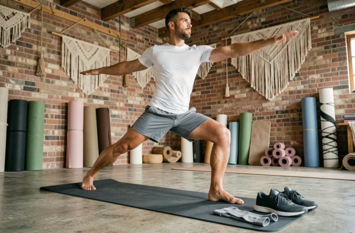 Homme en posture de guerrier dans un studio de yoga avec des chaussettes antidérapantes et chaussures de yoga posées sur le tapis pour comparaison
