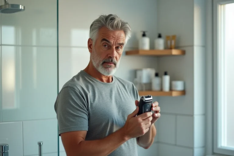 Homme tenant un ancien rasoir électrique OneBlade dans une salle de bain moderne, examinant l'appareil avec une expression interrogative