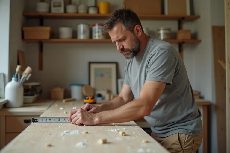 Homme mesurant une planche en bois lors de travaux de rénovation de cuisine
