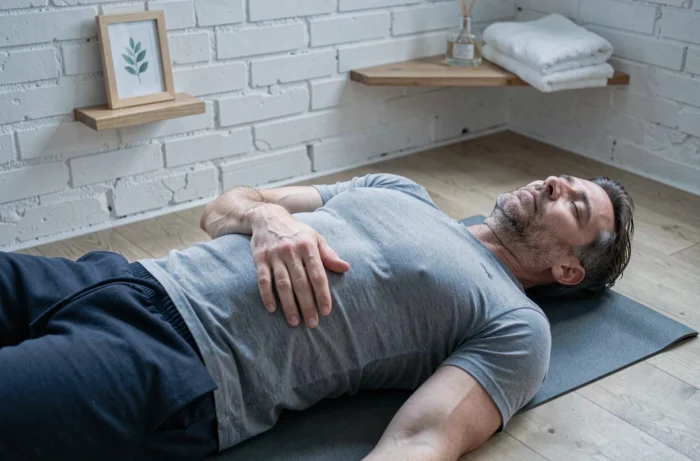 Homme pratiquant la respiration consciente sur un tapis de yoga à domicile, illustrant la gestion du stress et le bien-être physique