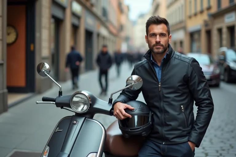 Homme debout à côté d'un scooter moderne gris mat dans une rue pavée européenne, ambiance urbaine et contemporaine
