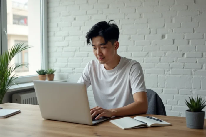Homme organisant le suivi de ses webtoons favoris sur un ordinateur portable dans un bureau moderne