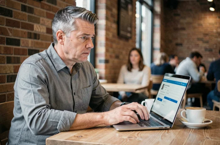 Homme utilisant un ordinateur portable dans un café pour modifier ou supprimer sa demande de visa sur le portail TLScontact