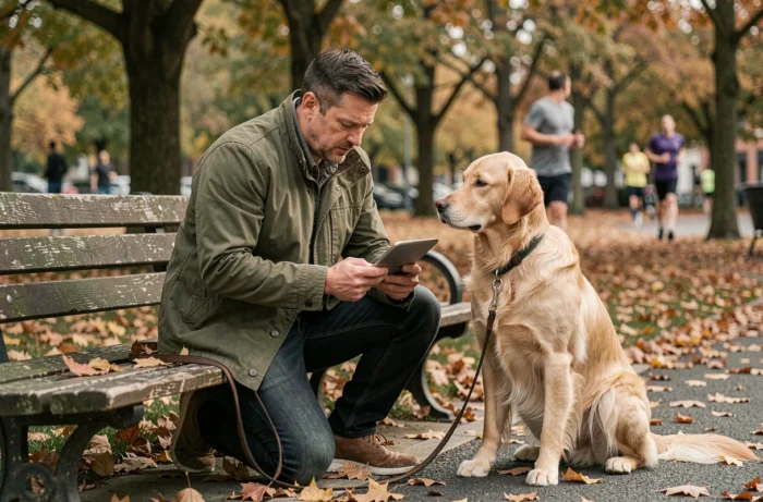 Homme utilisant une tablette pour naviguer sur un site animalier avec son golden retriever dans un parc en automne