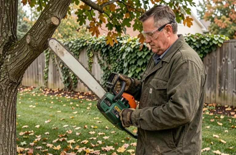 Homme utilisant une tronçonneuse sans fil Black+Decker pour élaguer une branche d'arbre dans un jardin suburban