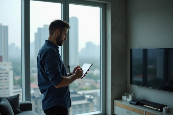 Homme utilisant une tablette pour identifier un numéro de téléphone international depuis son appartement moderne