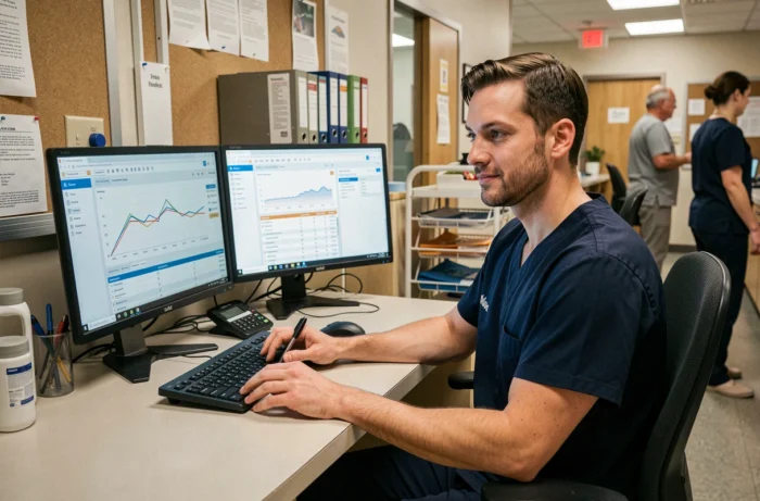 Un infirmier utilisant un logiciel de gestion des patients à son poste de travail dans un service hospitalier, symbolisant la digitalisation des soins