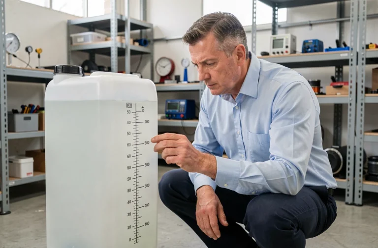 Ingénieur mesurant le volume d'un conteneur gradué pour convertir des mètres carrés en litres dans un atelier industriel