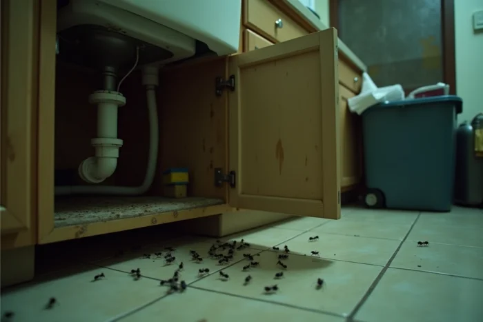 Colonie de fourmis et insectes sous l'évier de cuisine dans un placard humide la nuit