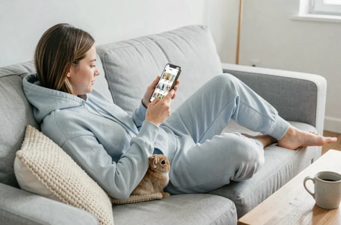 Jeune femme allongée sur un canapé consultant les rubriques d'un site animalier sur son smartphone avec un lapin