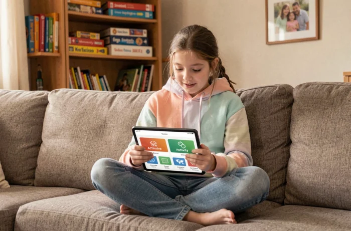 Jeune fille consultant un annuaire d'activités et services pour enfants sur une tablette dans un salon familial
