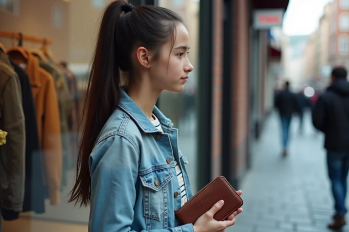 Jeune fille de 17 ans tenant un portefeuille devant une vitrine de magasin en ville, gérant son budget