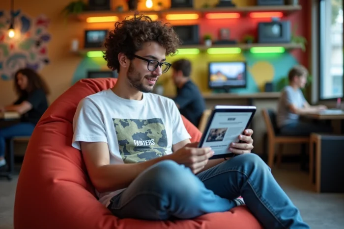 Jeune passionné d'informatique lisant des actualités tech sur une tablette dans un espace de coworking coloré
