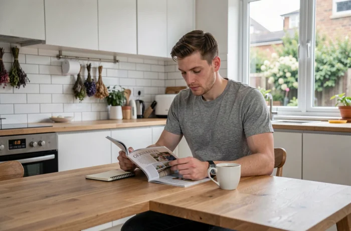 Jeune père lisant un magazine de parentalité à la table de cuisine dans un intérieur moderne