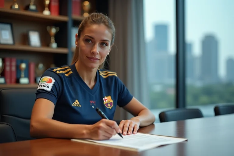 Joueuse de football féminin signant un contrat de transfert dans un bureau de direction sportive moderne